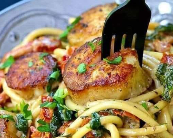 Creamy Tuscan Spaghetti with Jumbo Scallops